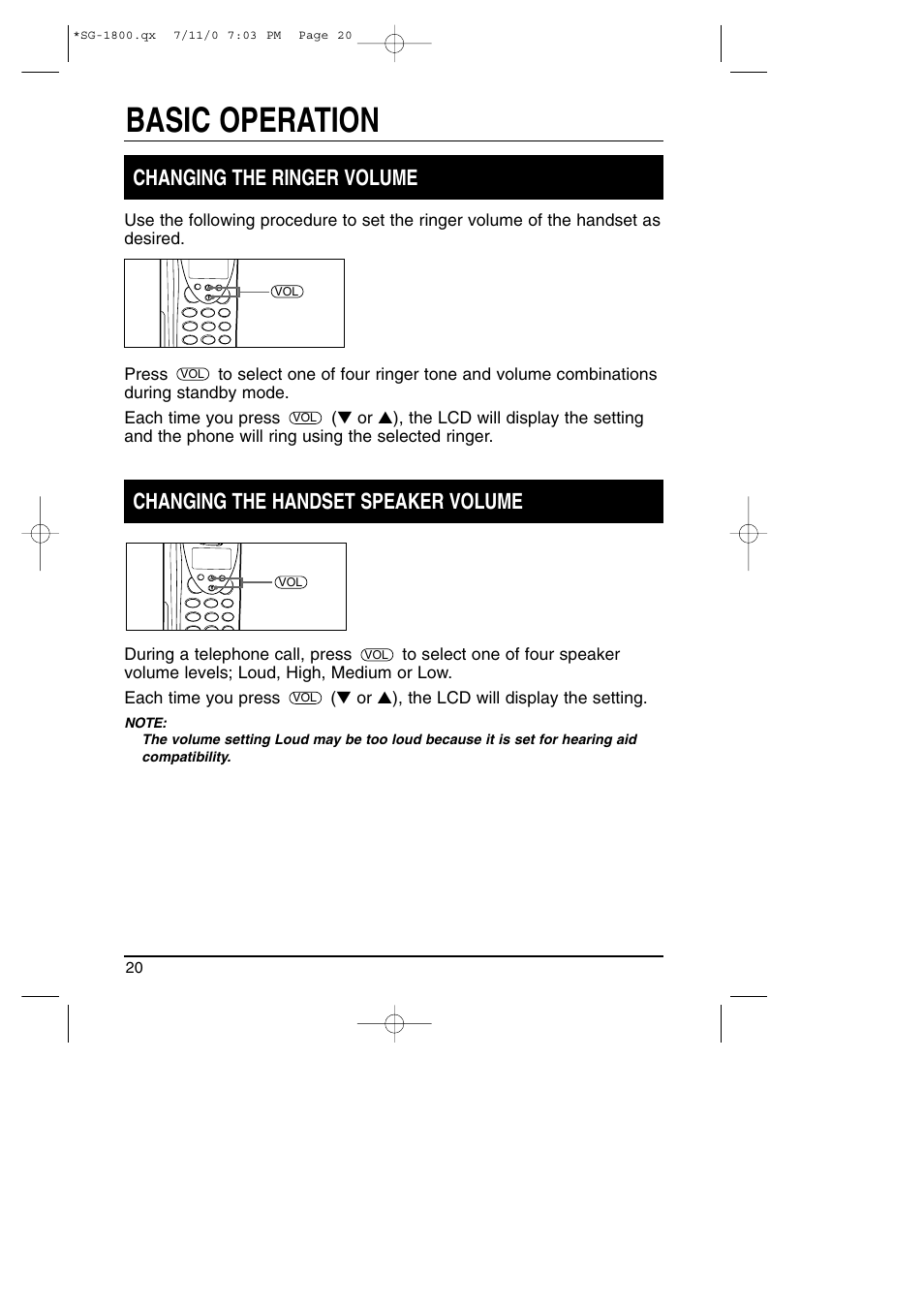 Basic operation, Changing the ringer volume, Changing the handset speaker volume | Toshiba SG-1800 User Manual | Page 20 / 42