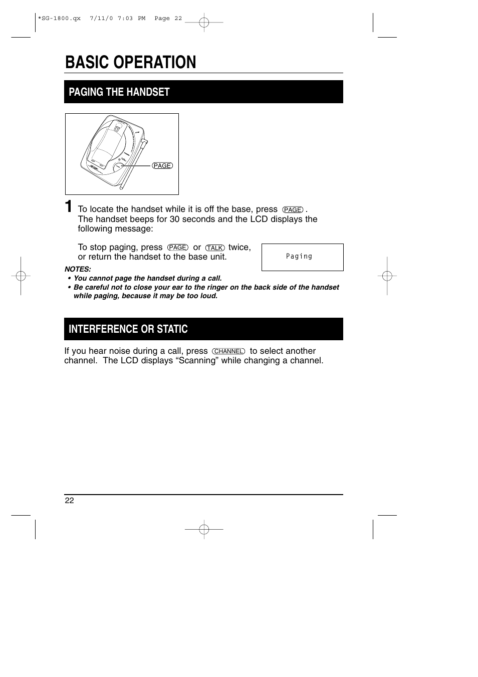 Basic operation, Paging the handset, Interference or static | Toshiba SG-1800 User Manual | Page 22 / 42