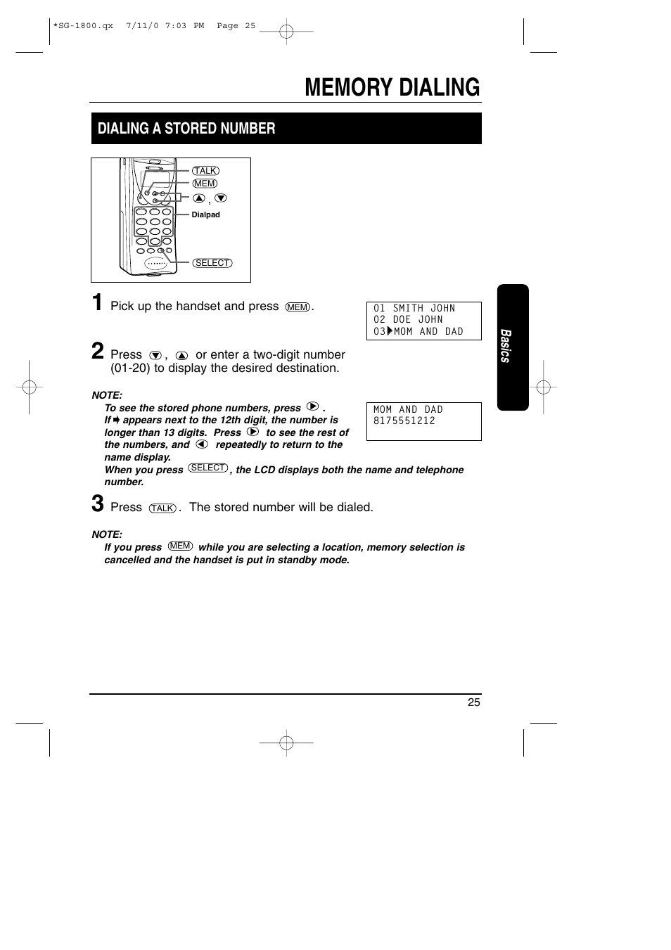 Dialing a stored number, Basics | Toshiba SG-1800 User Manual | Page 25 / 42