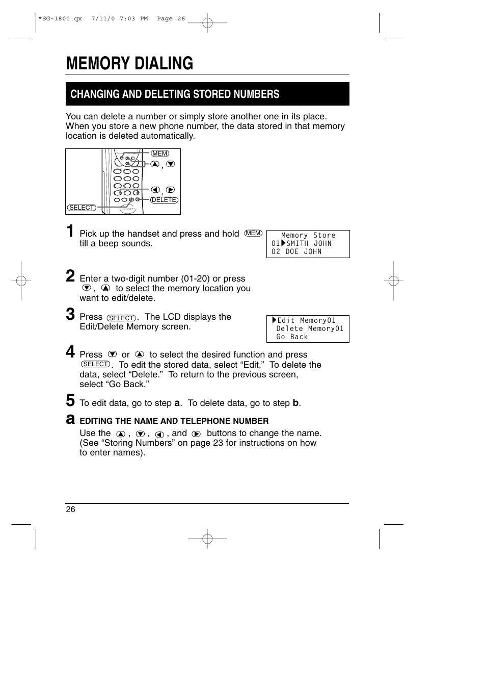 Changing and deleting stored numbers | Toshiba SG-1800 User Manual | Page 26 / 42