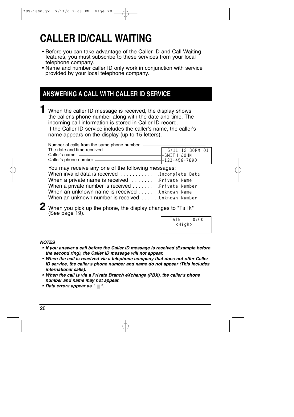 Caller id/call waiting, Answering a call with caller id service | Toshiba SG-1800 User Manual | Page 28 / 42