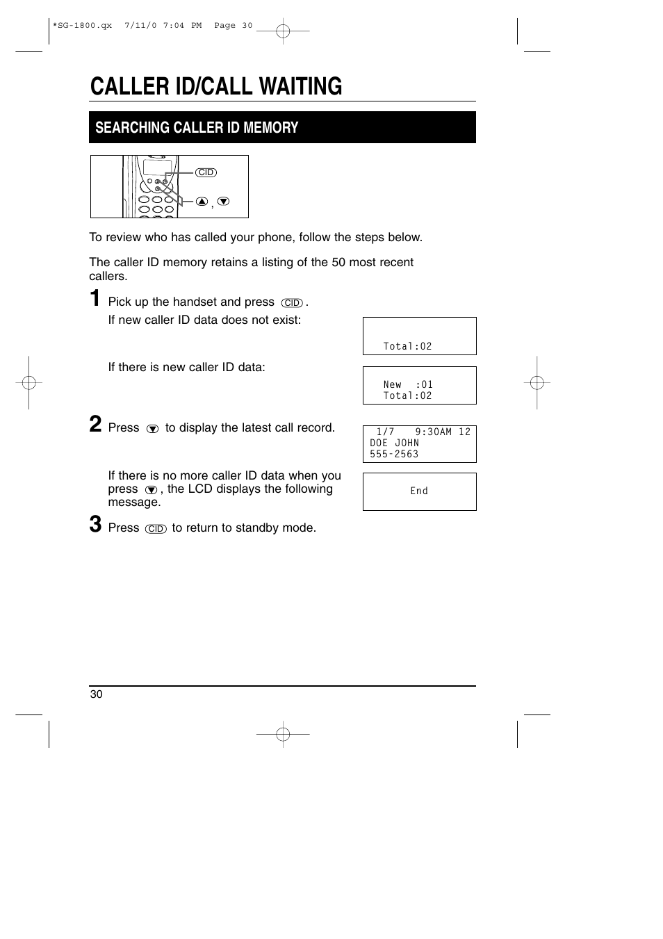 Caller id/call waiting | Toshiba SG-1800 User Manual | Page 30 / 42