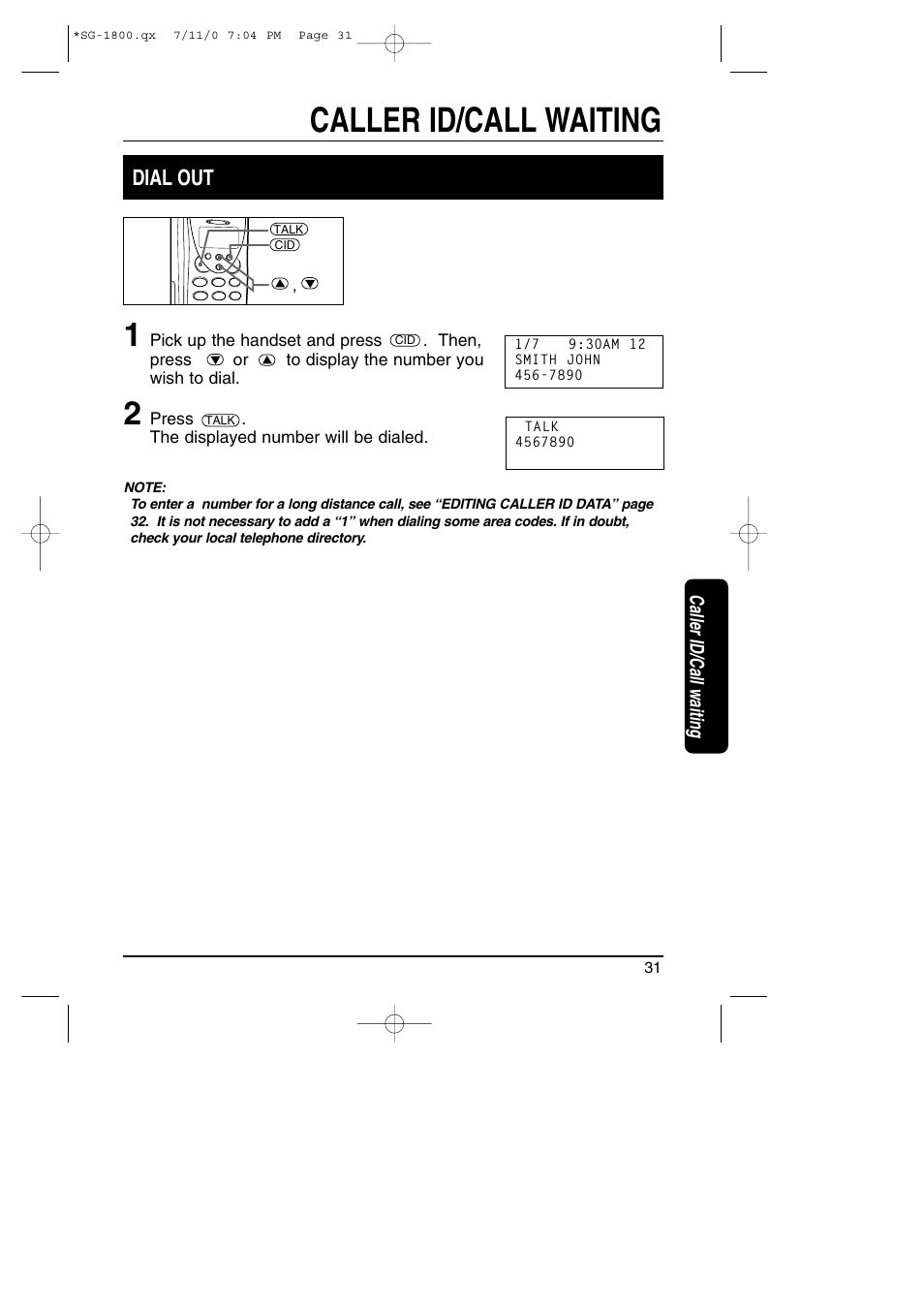 Caller id/call waiting, Dial out | Toshiba SG-1800 User Manual | Page 31 / 42