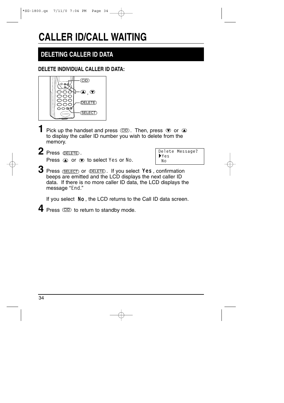 Caller id/call waiting, Deleting caller id data | Toshiba SG-1800 User Manual | Page 34 / 42