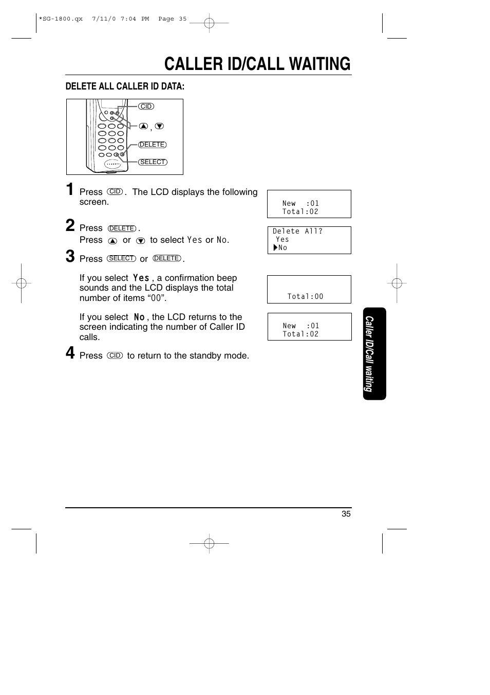 Caller id/call waiting | Toshiba SG-1800 User Manual | Page 35 / 42