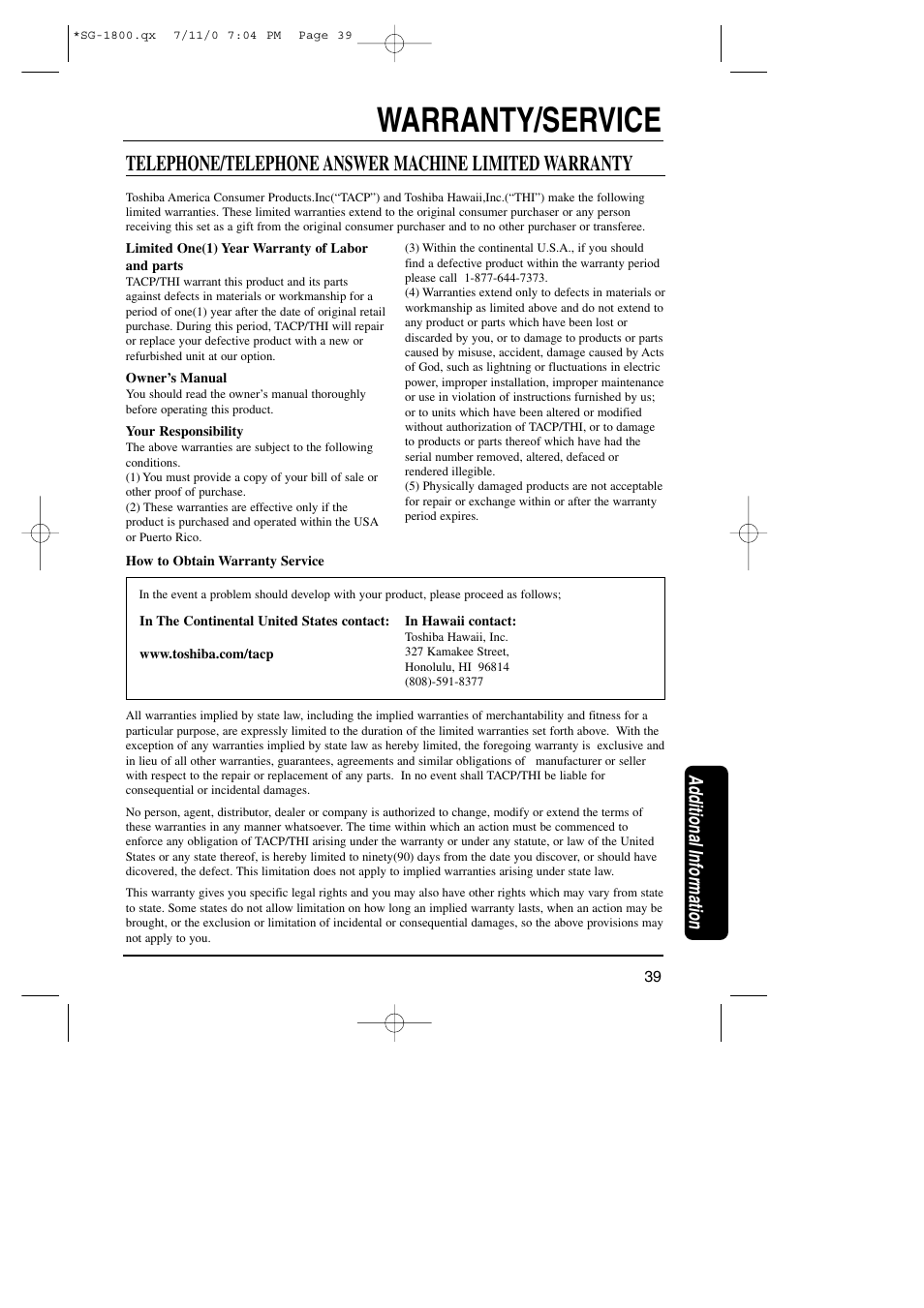Warranty/service, Additional information | Toshiba SG-1800 User Manual | Page 39 / 42