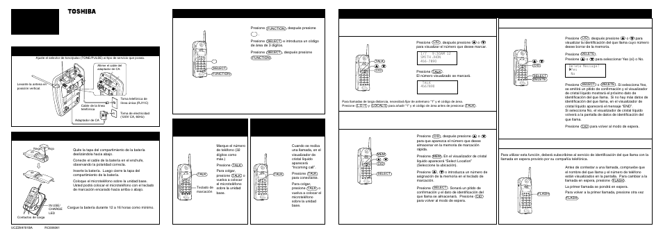 Referencia rápida, Instalación de la unidad base carga de la batería, Ajuste del código de área | Realización de llamadas contestación de llamadas, Servicio de identificación del que llama, Borrado de un dato de identificación del que llama | Toshiba SG-1800 User Manual | Page 41 / 42