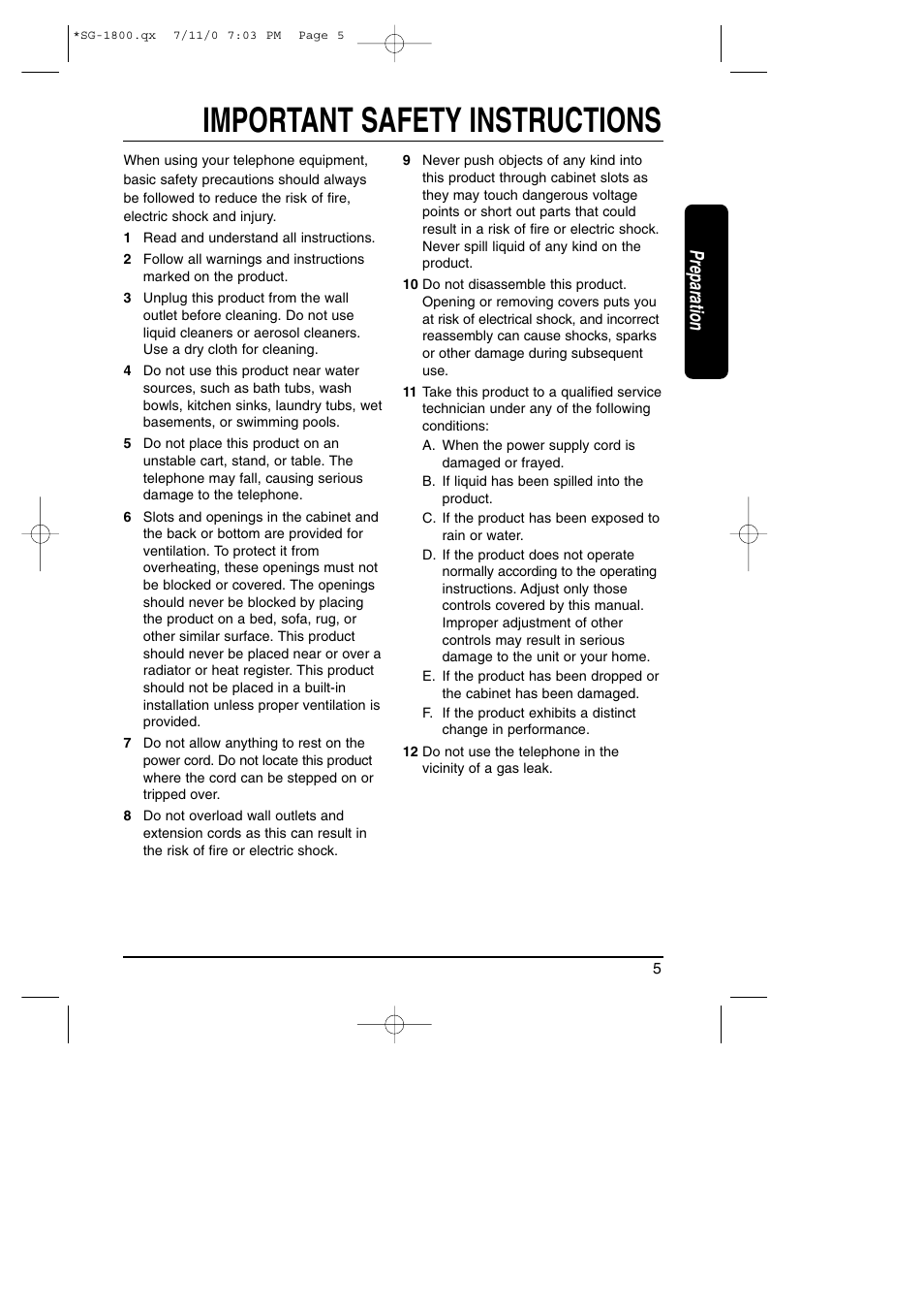 Important safety instructions, Preparation | Toshiba SG-1800 User Manual | Page 5 / 42