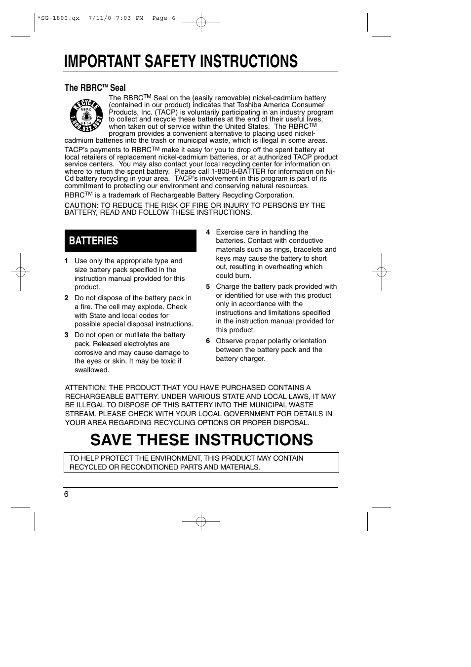 Important safety instructions, Save these instructions, Batteries | The rbrc, Seal | Toshiba SG-1800 User Manual | Page 6 / 42