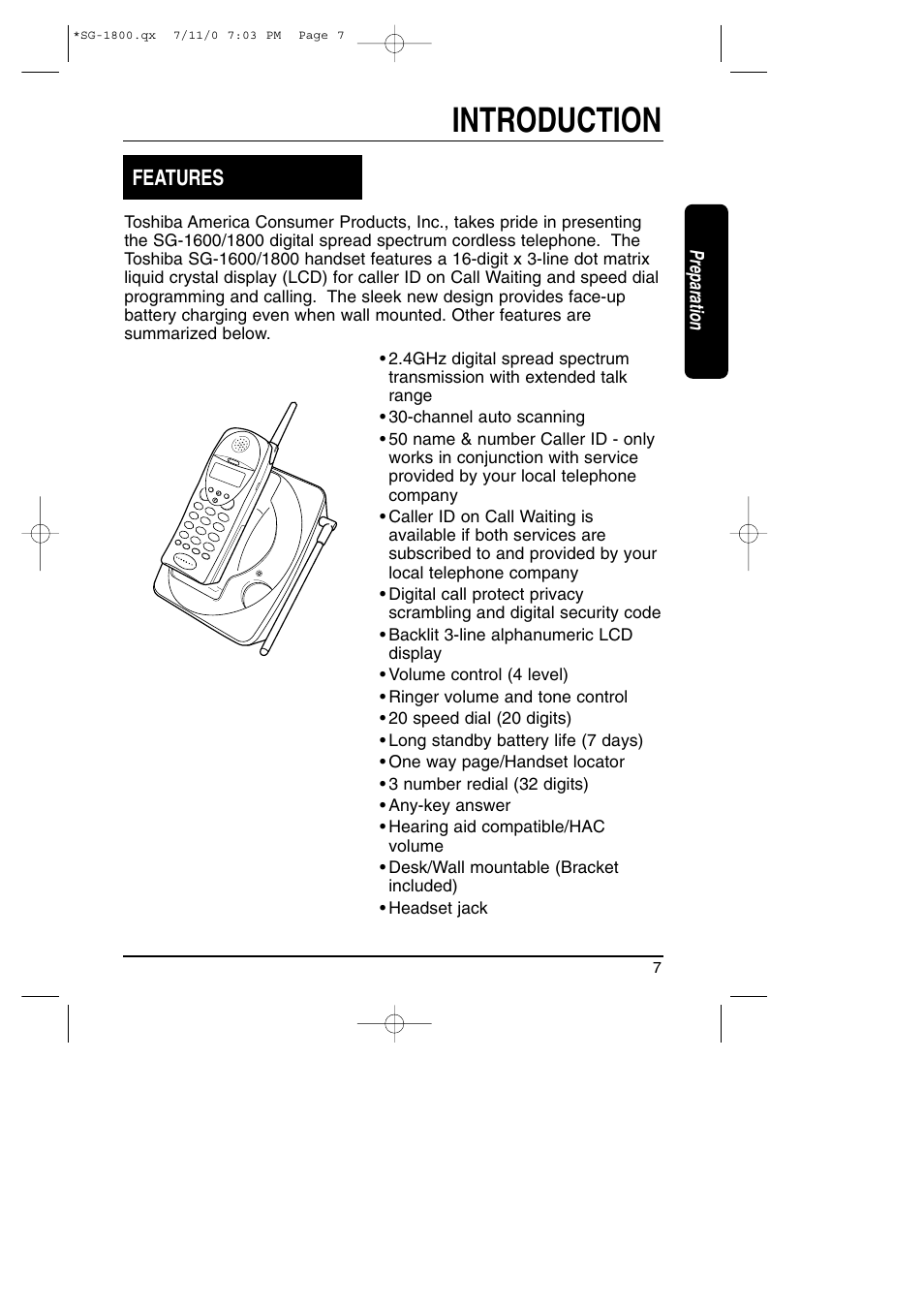 Introduction, Features | Toshiba SG-1800 User Manual | Page 7 / 42