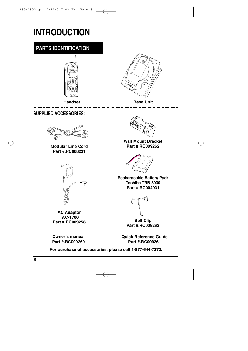 Introduction, Parts identification | Toshiba SG-1800 User Manual | Page 8 / 42