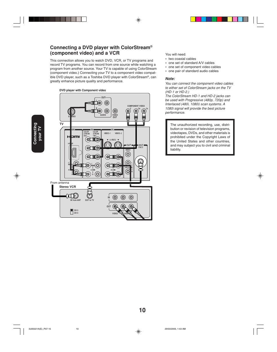 Connecting a dvd player with colorstream, Component video) and a vcr, Connecting your tv | Toshiba 34HF85C User Manual | Page 10 / 44