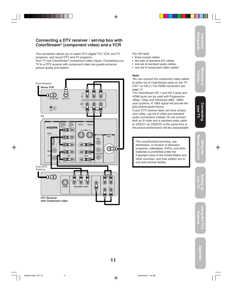 Component video) and a vcr | Toshiba 34HF85C User Manual | Page 11 / 44