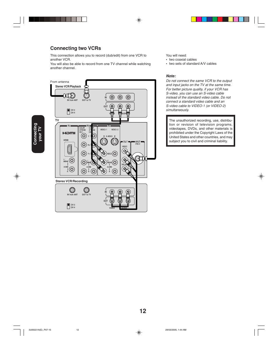 Connecting two vcrs, Connecting your tv | Toshiba 34HF85C User Manual | Page 12 / 44