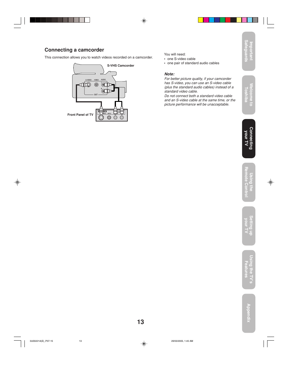 Connecting a camcorder | Toshiba 34HF85C User Manual | Page 13 / 44