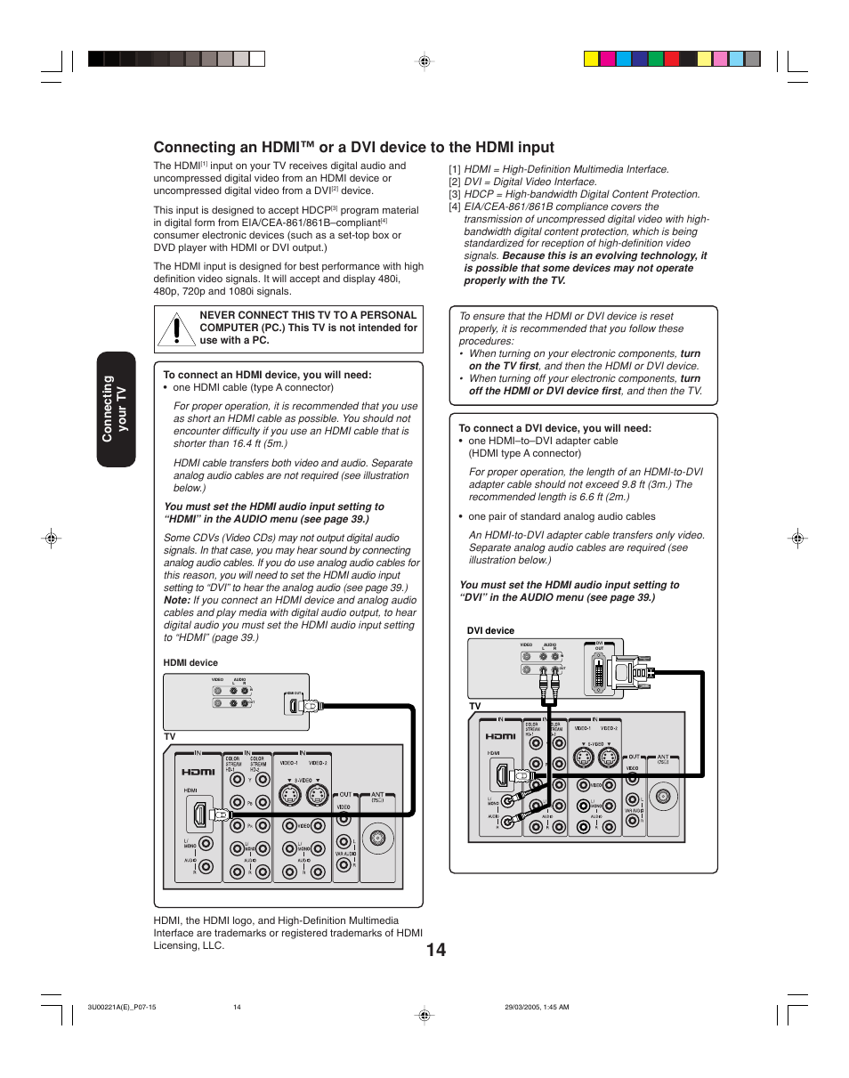 Connecting your tv | Toshiba 34HF85C User Manual | Page 14 / 44