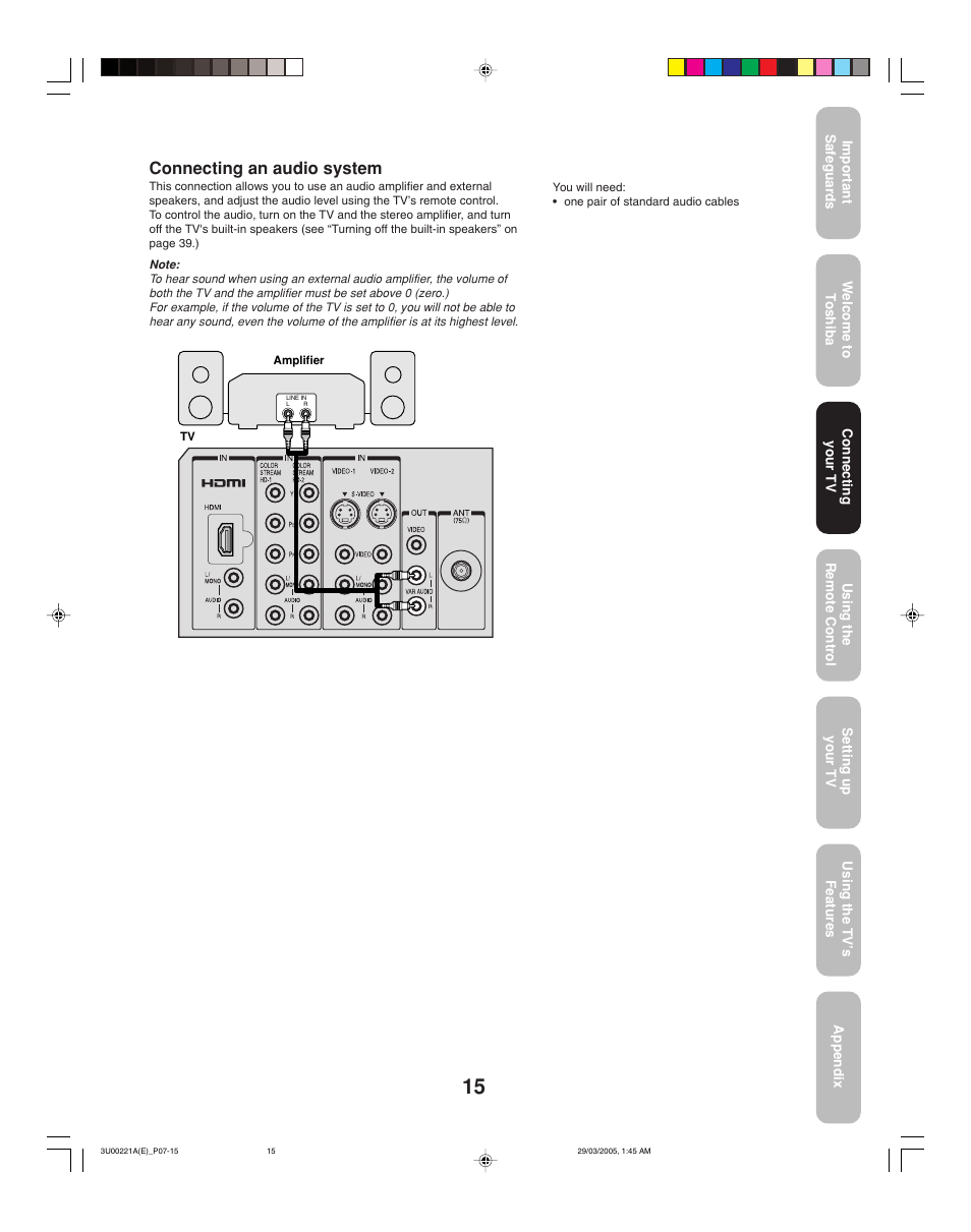 Connecting an audio system | Toshiba 34HF85C User Manual | Page 15 / 44