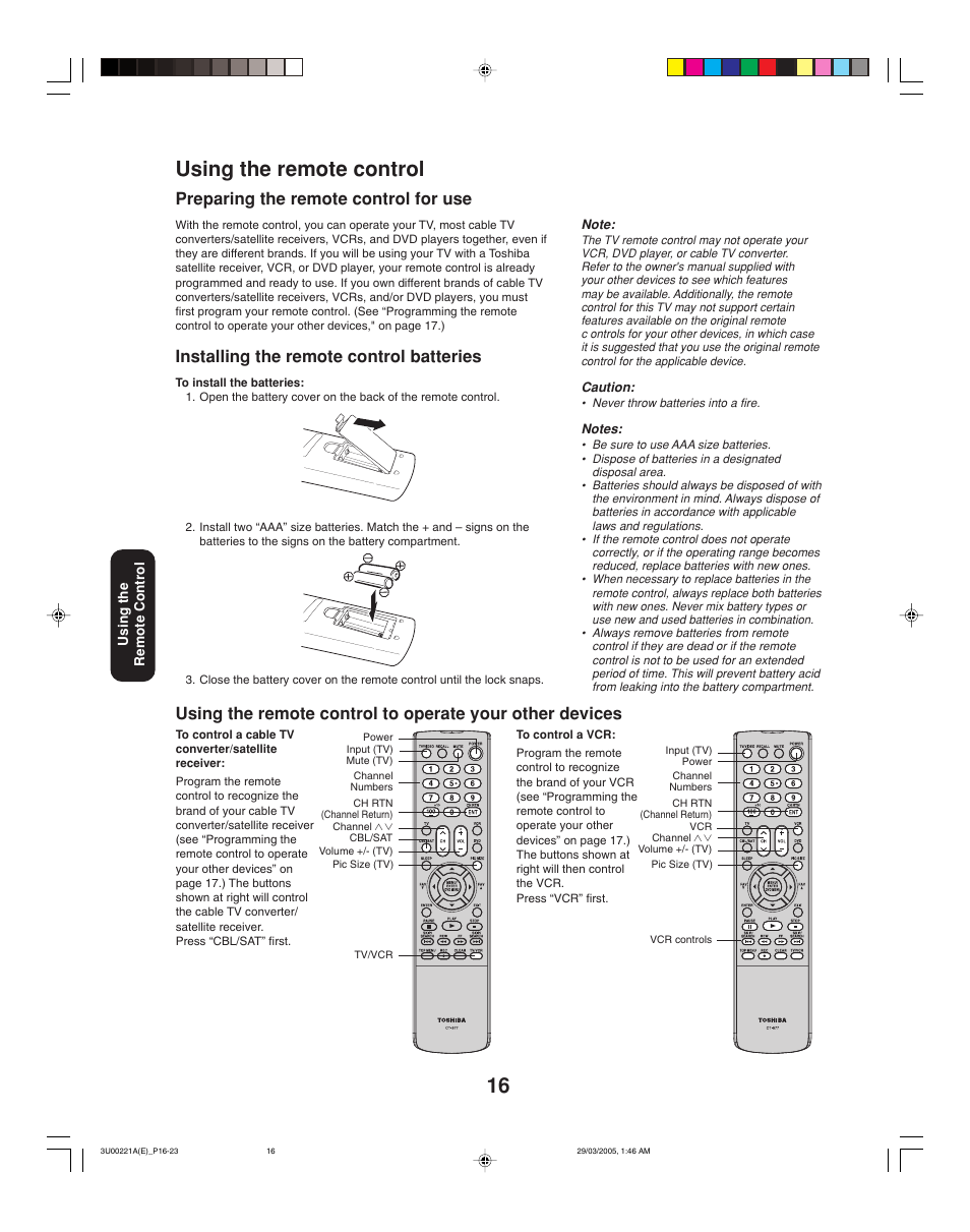 16 using the remote control, Preparing the remote control for use, Installing the remote control batteries | Toshiba 34HF85C User Manual | Page 16 / 44