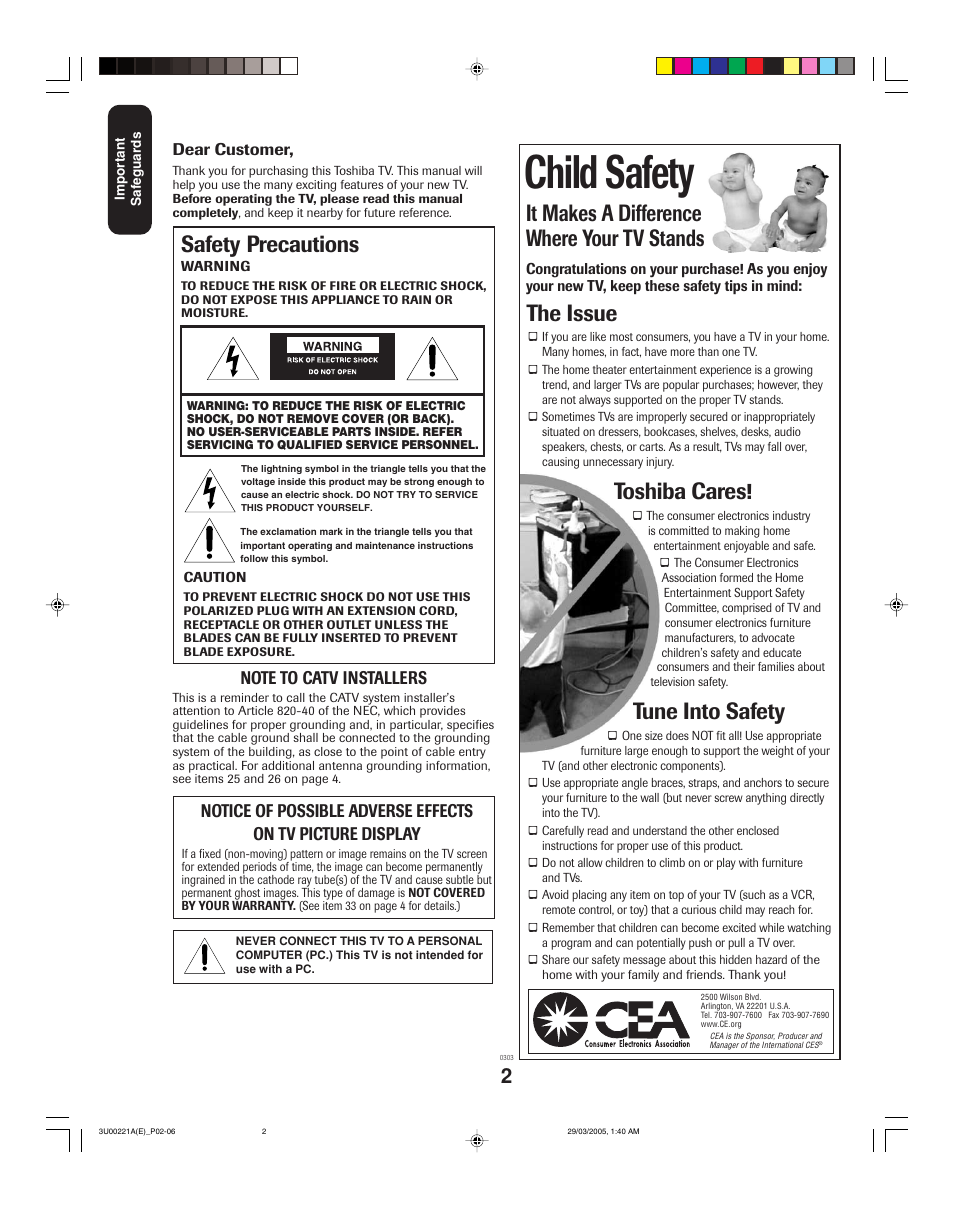 Child safety, It makes a difference where your tv stands, The issue | Toshiba cares, Tune into safety, Safety precautions | Toshiba 34HF85C User Manual | Page 2 / 44