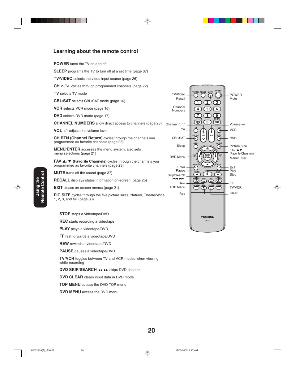 Learning about the remote control | Toshiba 34HF85C User Manual | Page 20 / 44