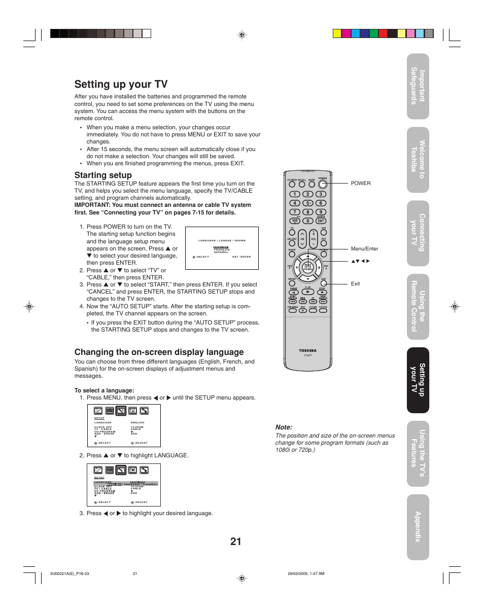 Setting up your tv, Starting setup, Changing the on-screen display language | Toshiba 34HF85C User Manual | Page 21 / 44