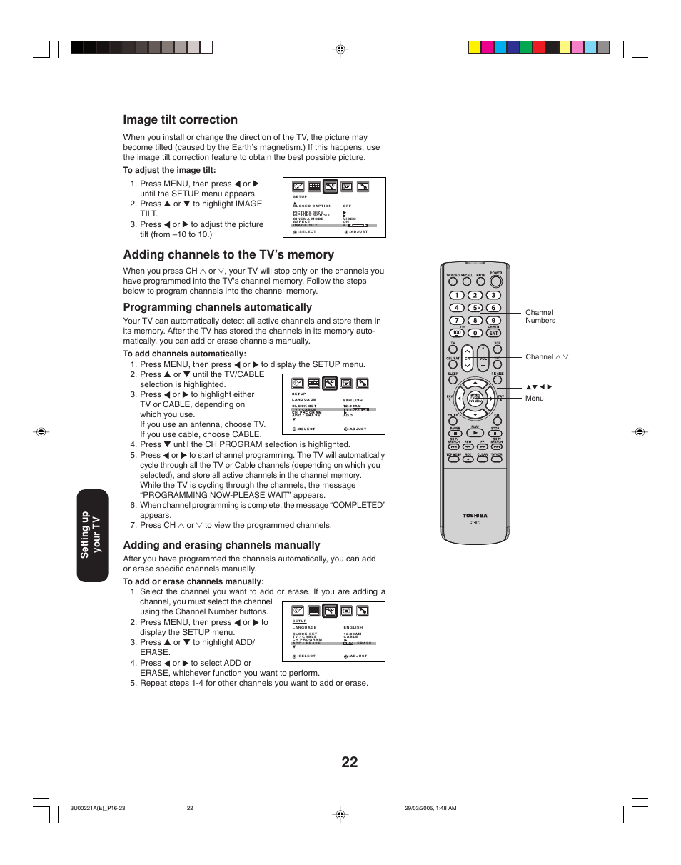 Image tilt correction, Programming channels automatically, Adding and erasing channels manually | Setting up your tv | Toshiba 34HF85C User Manual | Page 22 / 44