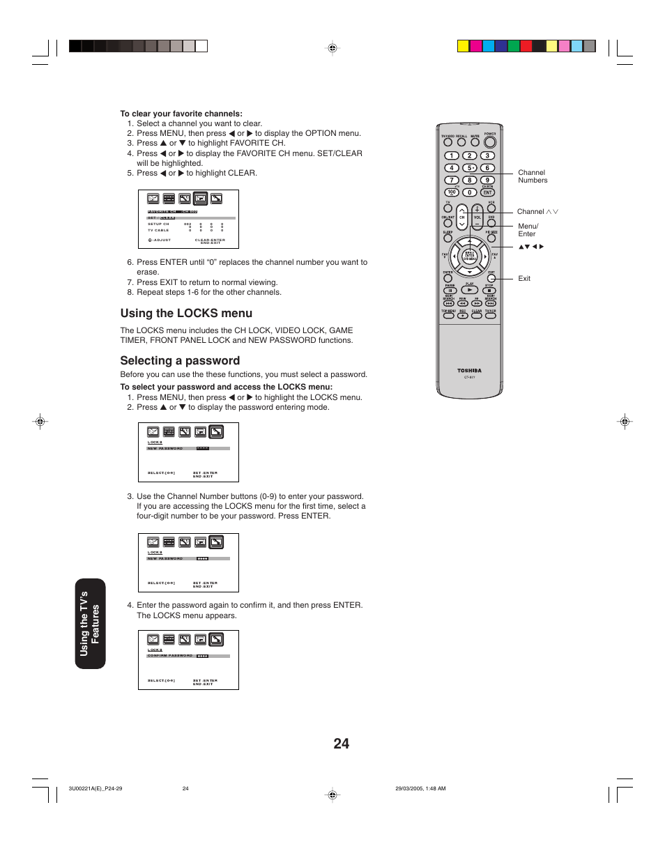 Using the locks menu, Selecting a password, Using the tv ’s features | Toshiba 34HF85C User Manual | Page 24 / 44