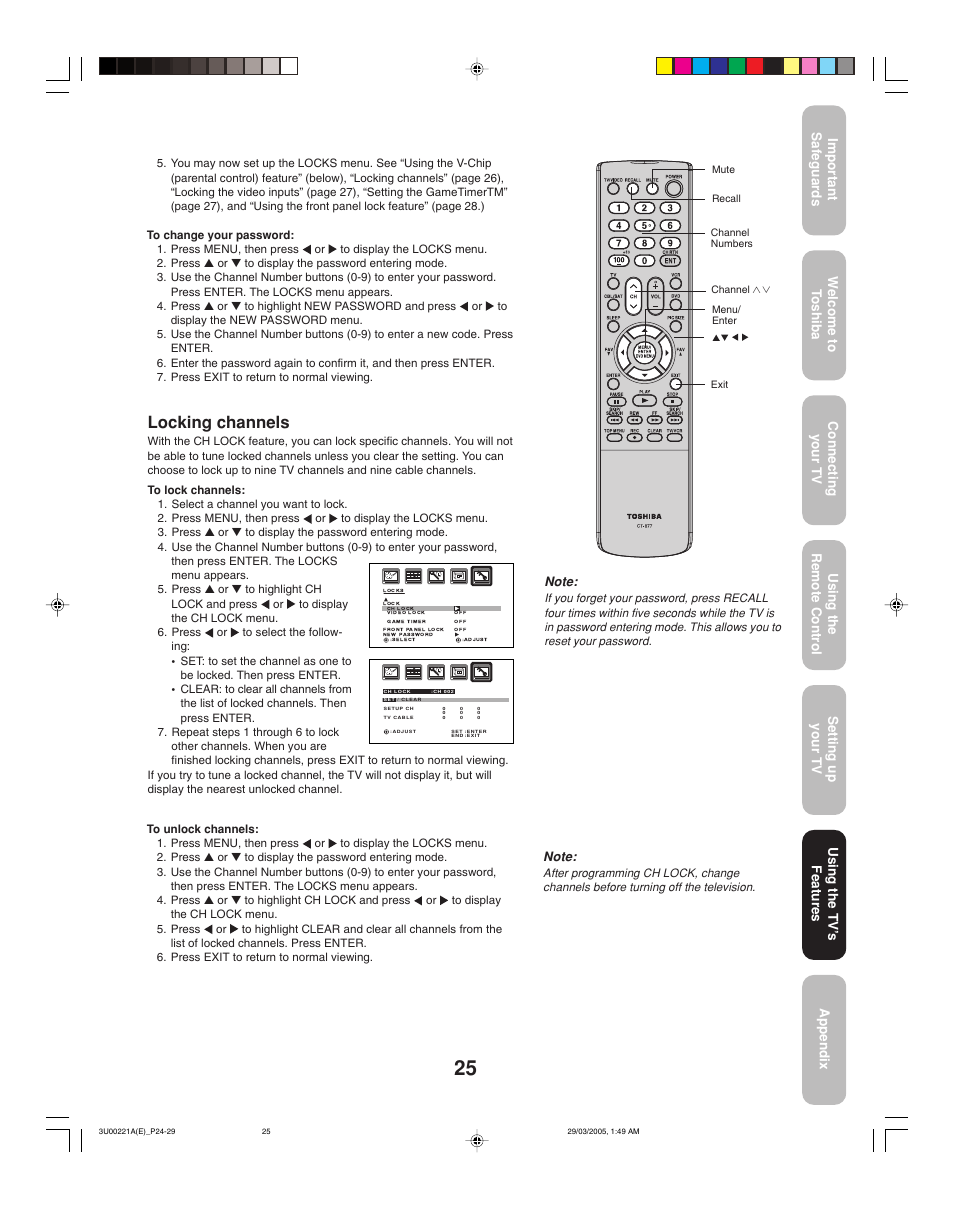 Locking channels | Toshiba 34HF85C User Manual | Page 25 / 44