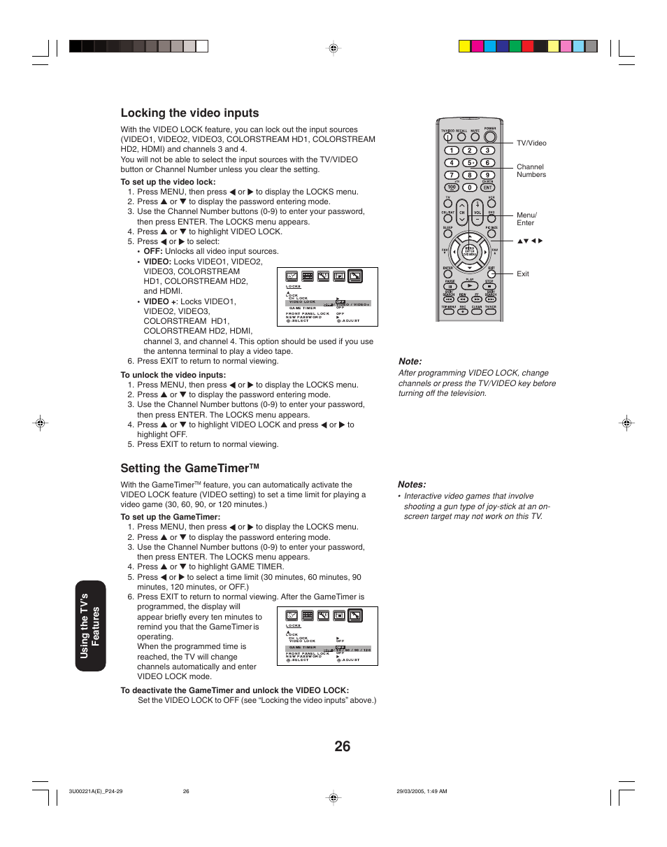 Locking the video inputs, Setting the gametimer, Using the tv ’s features | Toshiba 34HF85C User Manual | Page 26 / 44