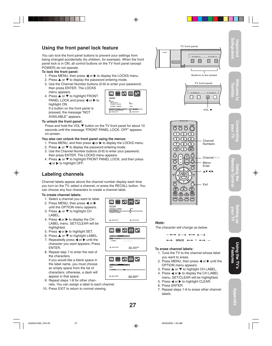 Using the front panel lock feature, Labeling channels, Using the tv ’s features | Toshiba 34HF85C User Manual | Page 27 / 44