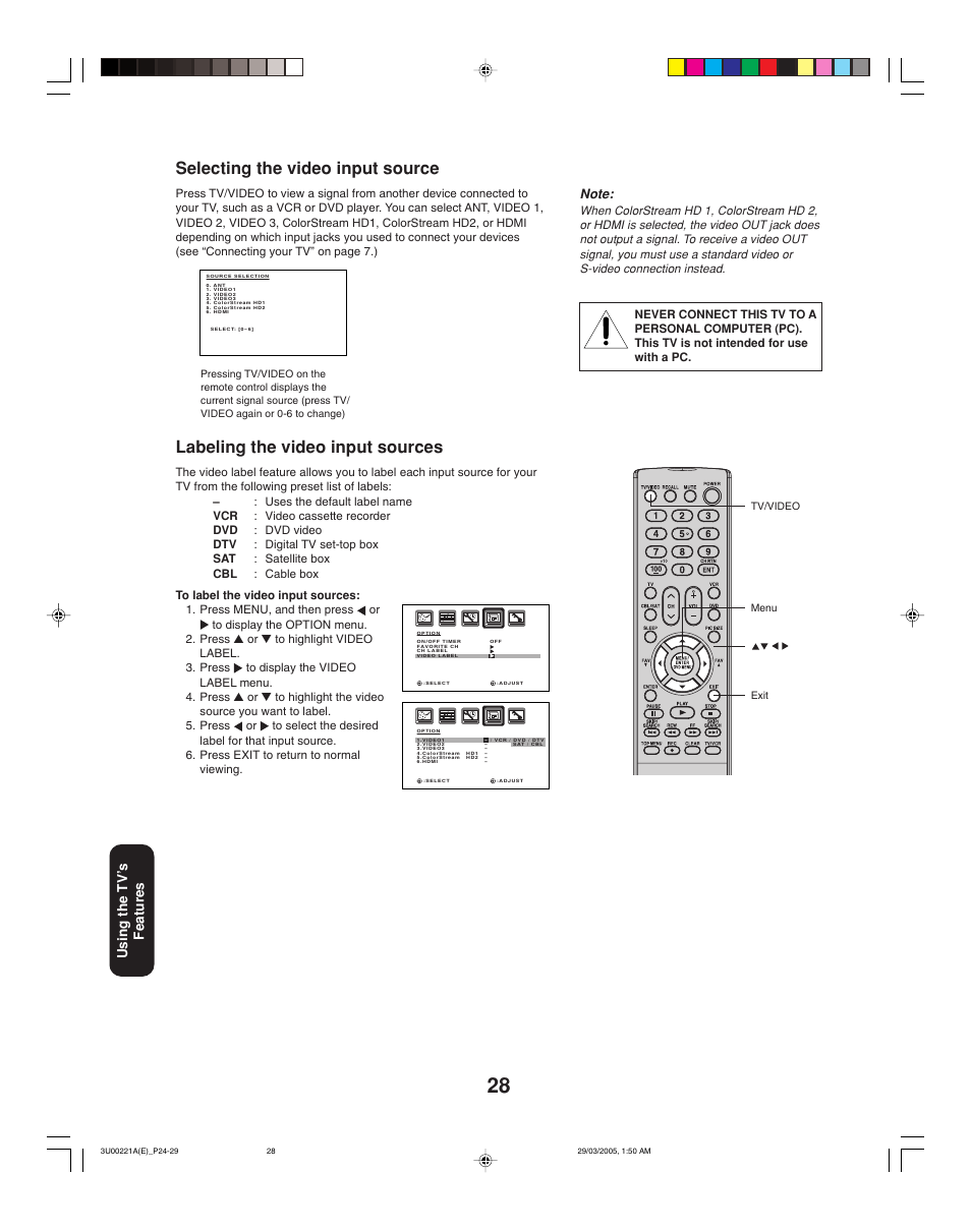 Selecting the video input source, Labeling the video input sources, Using the tv ’s features | Toshiba 34HF85C User Manual | Page 28 / 44