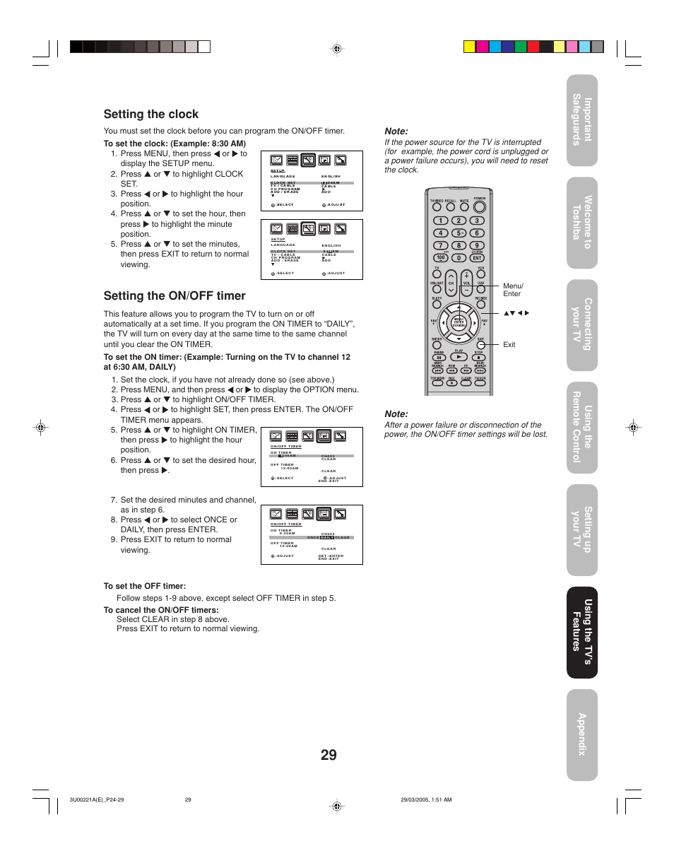 Setting the clock, Setting the on/off timer, Using the tv ’s features | Toshiba 34HF85C User Manual | Page 29 / 44