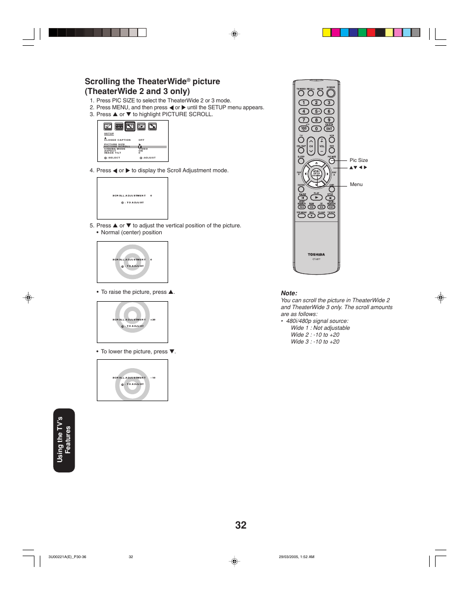 Scrolling the theaterwide, Picture (theaterwide 2 and 3 only), Using the tv ’s features | Toshiba 34HF85C User Manual | Page 32 / 44