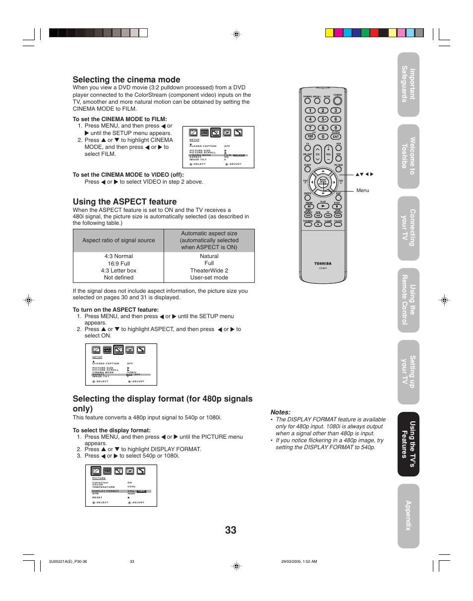 Selecting the cinema mode, Using the aspect feature, Using the tv ’s features | Toshiba 34HF85C User Manual | Page 33 / 44