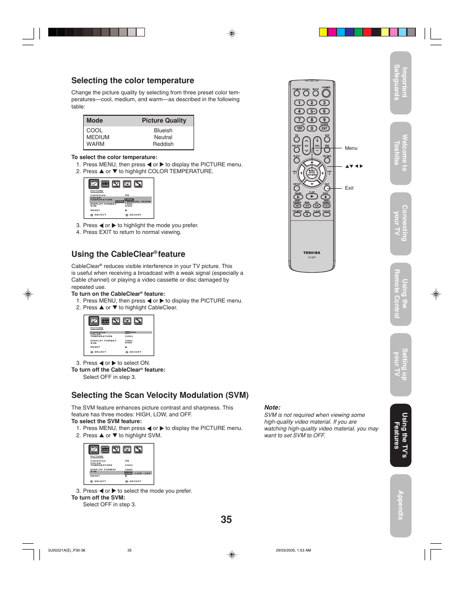 Selecting the color temperature, Using the cableclear, Feature | Selecting the scan velocity modulation (svm), Using the tv ’s features | Toshiba 34HF85C User Manual | Page 35 / 44