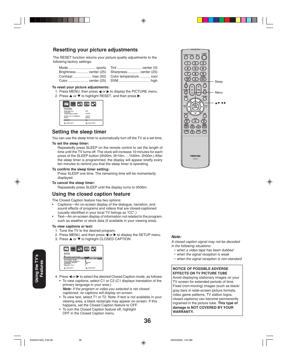 Setting the sleep timer, Using the closed caption feature, Resetting your picture adjustments | Using the tv ’s features | Toshiba 34HF85C User Manual | Page 36 / 44