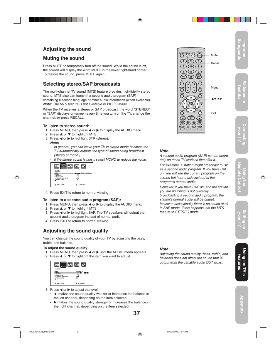 Adjusting the sound quality, Adjusting the sound muting the sound, Selecting stereo/sap broadcasts | Toshiba 34HF85C User Manual | Page 37 / 44