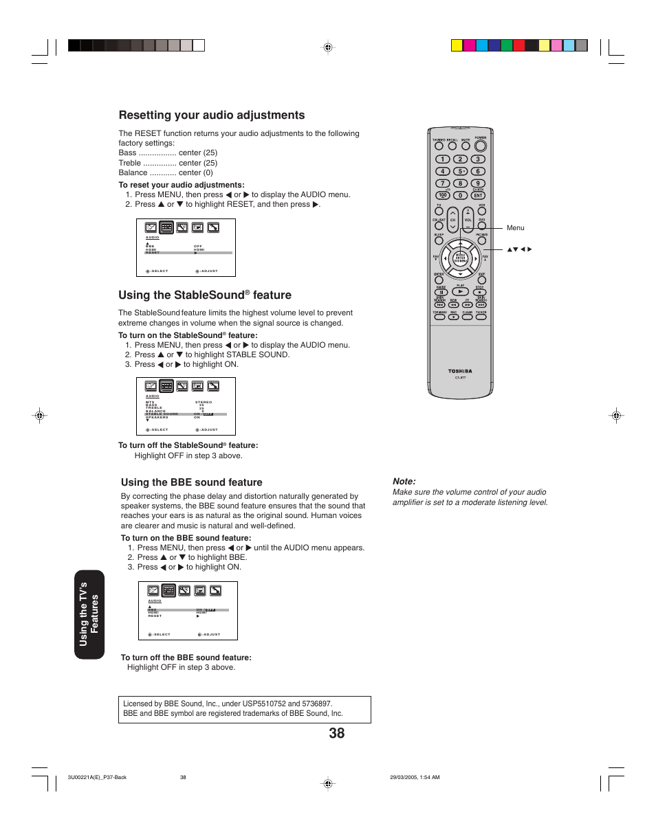 Using the stablesound, Feature, Resetting your audio adjustments | Using the bbe sound feature, Using the tv ’s features | Toshiba 34HF85C User Manual | Page 38 / 44