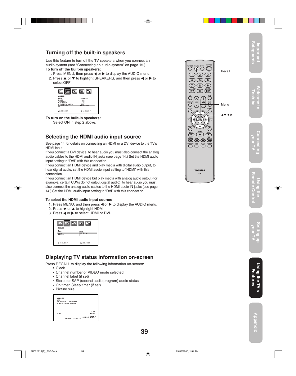 Displaying tv status information on-screen, Selecting the hdmi audio input source, Turning off the built-in speakers | Using the tv ’s features | Toshiba 34HF85C User Manual | Page 39 / 44