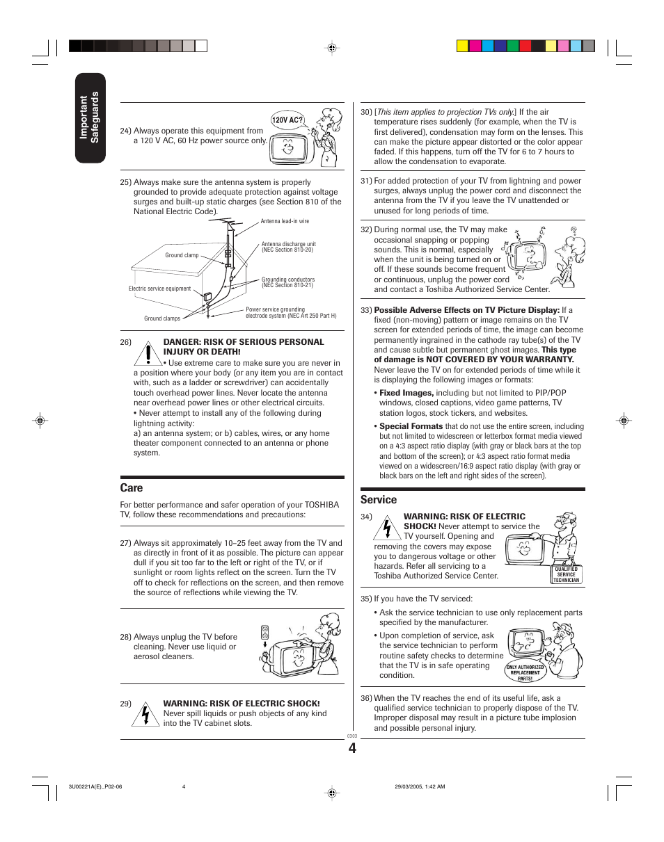Care, Service | Toshiba 34HF85C User Manual | Page 4 / 44