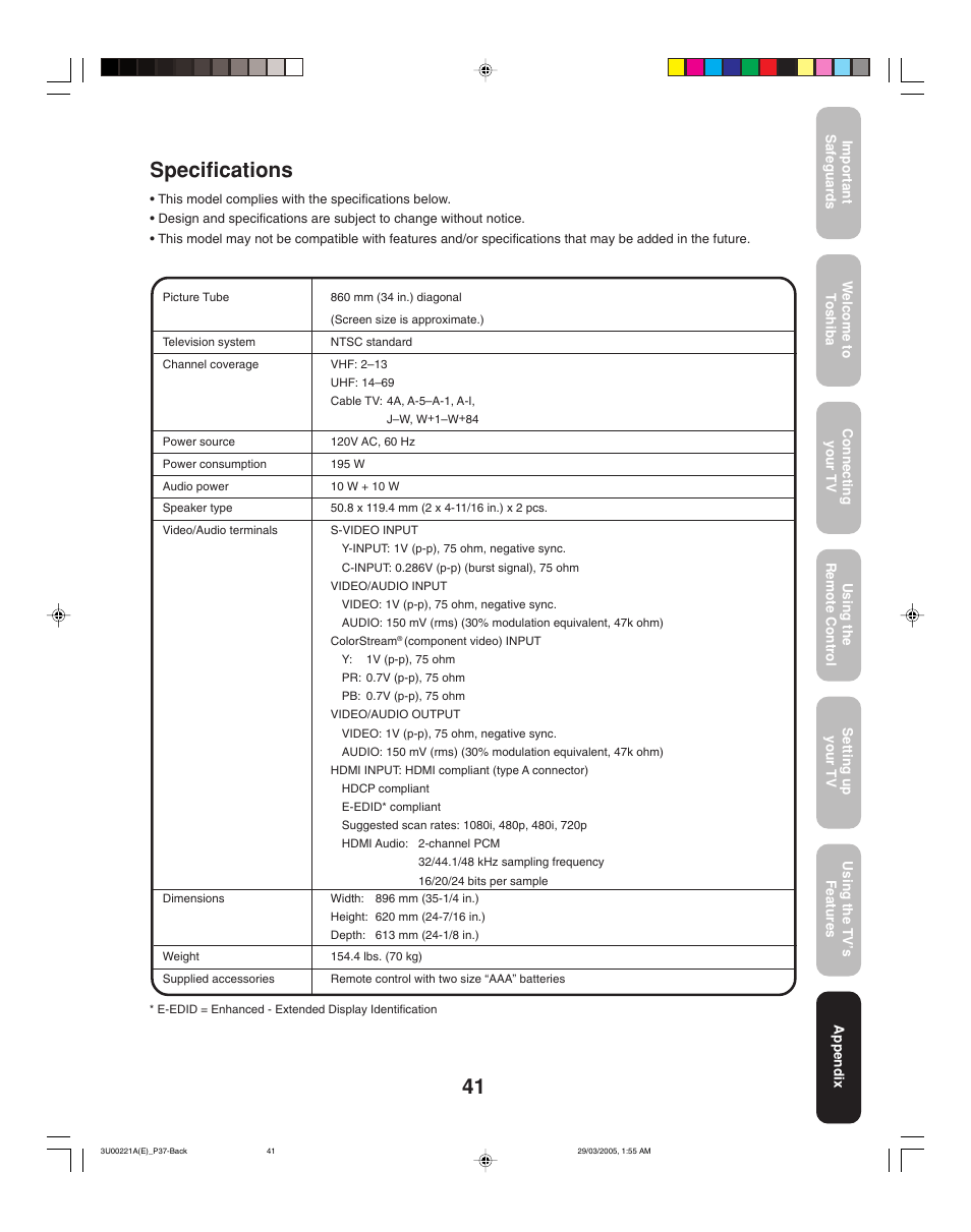 Specifications | Toshiba 34HF85C User Manual | Page 41 / 44