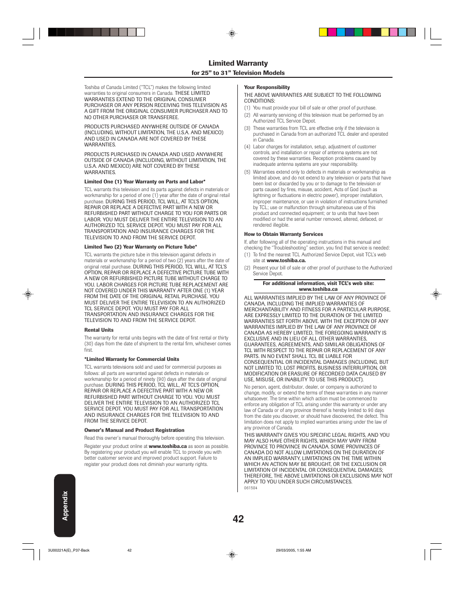 Limited warranty | Toshiba 34HF85C User Manual | Page 42 / 44