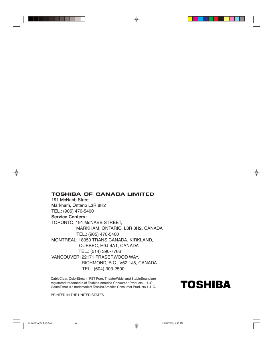 Toshiba 34HF85C User Manual | Page 44 / 44