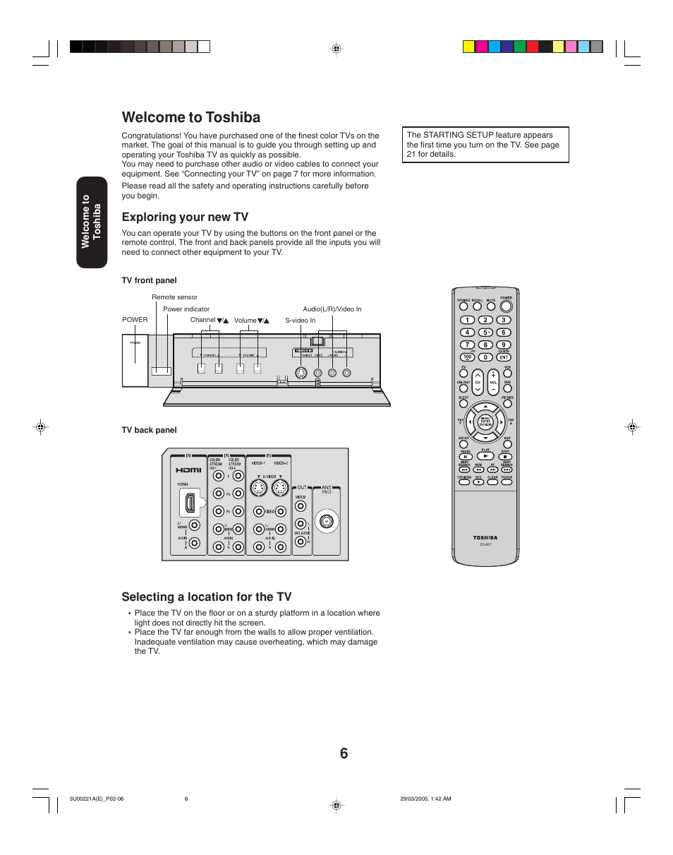 Welcome to toshiba, Selecting a location for the tv, Exploring your new tv | Toshiba 34HF85C User Manual | Page 6 / 44