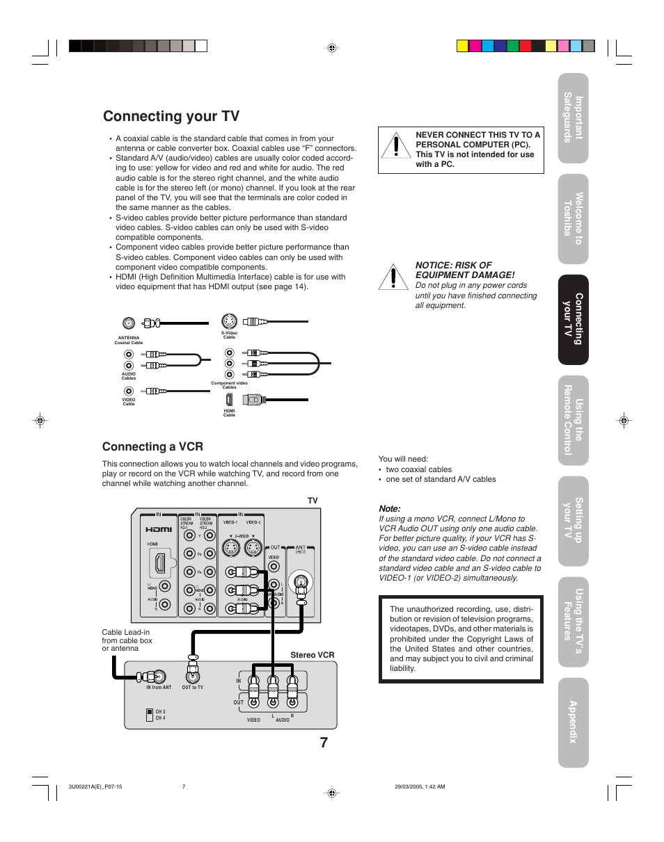 Connecting your tv, Connecting a vcr | Toshiba 34HF85C User Manual | Page 7 / 44