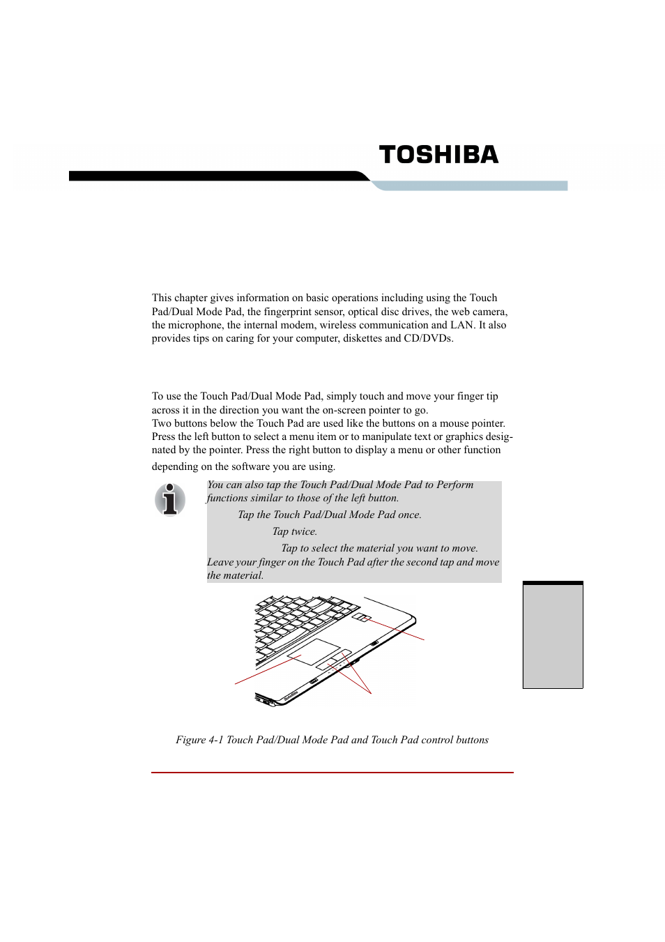 Chapter 4 operating basics, Using the touch pad/dual mode pad, Using the touch pad/dual mode pad -1 | Operating basics, Operating, Basics, Chapter 4 | Toshiba A210 User Manual | Page 101 / 276