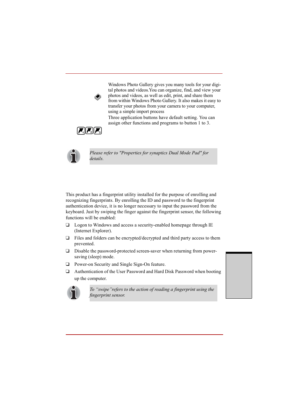 Using the fingerprint sensor, Using the fingerprint sensor -3 | Toshiba A210 User Manual | Page 103 / 276