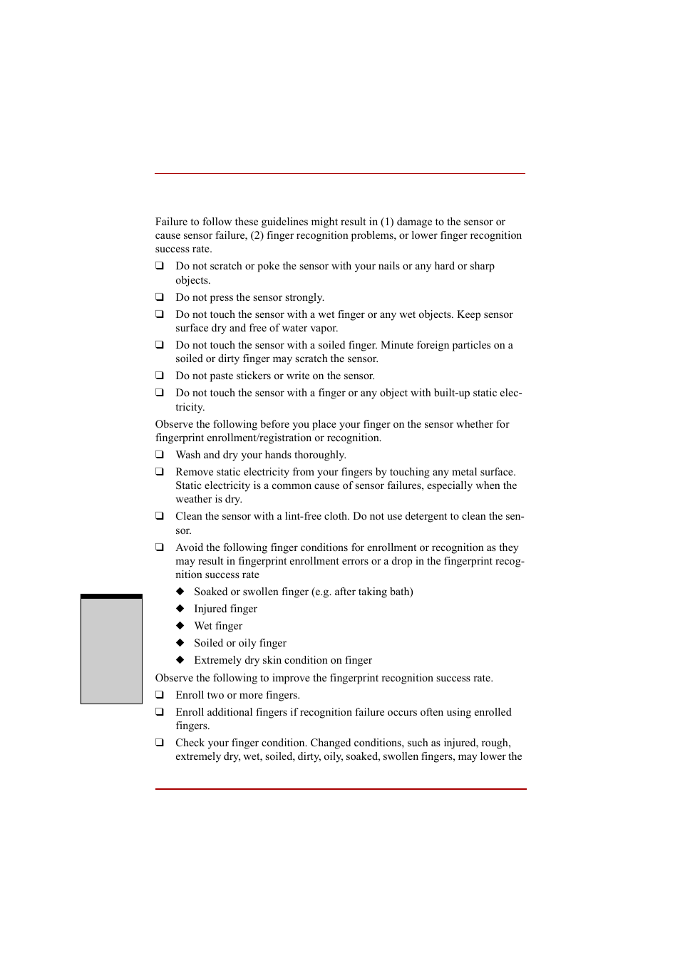 Points to note about the fingerprint sensor, Points to note about the fingerprint sensor -4 | Toshiba A210 User Manual | Page 104 / 276