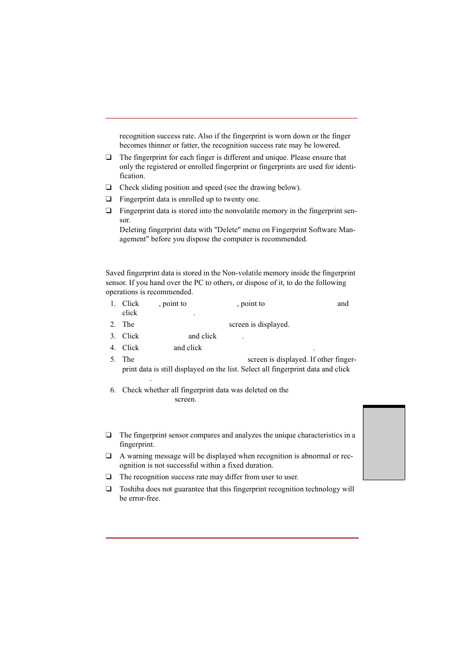 How to delete the fingerprint data, Fingerprint sensor limitations | Toshiba A210 User Manual | Page 105 / 276