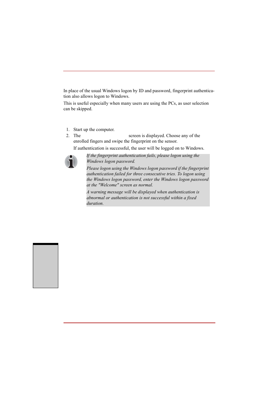Windows logon via fingerprint authentication, Windows logon via fingerprint authentication -8, Fingerprint authentication procedure | Toshiba A210 User Manual | Page 108 / 276